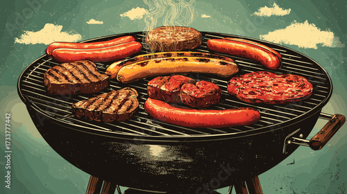 Vector illustration of a charcoal grill with different meats and sausages