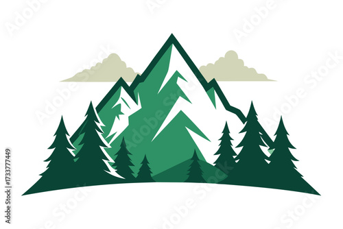 Green Mountains and Pine Trees Illustration with Clouds in Background for Adventure Graphics