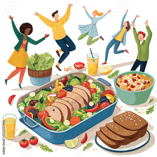 Vector art of group of friends celebrating healthy food with salad, meat, bread, and juice, promoting a balanced diet and joyful lifestyle