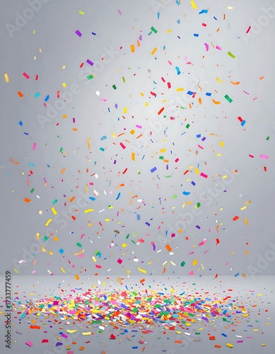 Colorful confetti falling against a gray background, accumulating on the floor