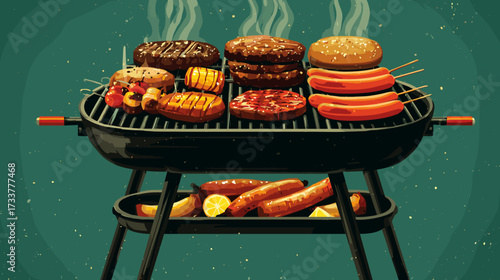 Vector illustration of a charcoal grill with different meats and sausages
