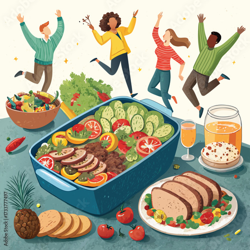 Vector art of a vibrant thanksgiving illustration showcasing a diverse group enjoying a bountiful meal, , celebrating togetherness