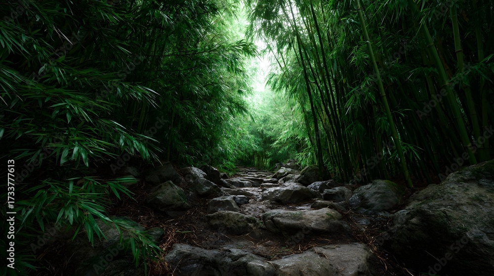 Obraz premium A stone path winds through a lush dense bamboo forest with d d sunlight filtering through the green foliage