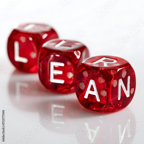 Red dice spelling out the word lean in a row