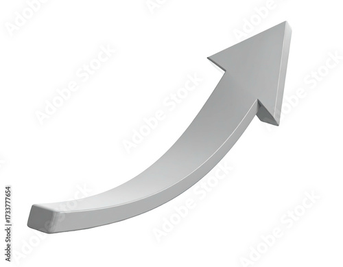 A glossy, grey, curved arrow pointing upwards against a black background
