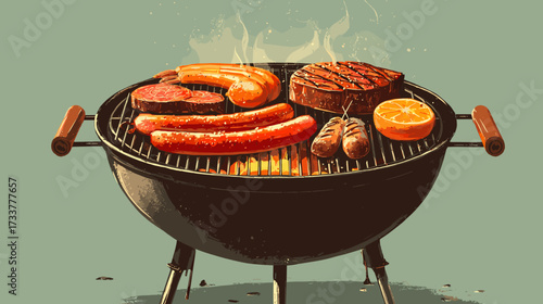Vector illustration of a charcoal grill with different meats and sausages