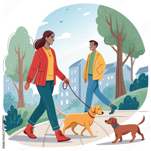 Vector art of a couple enjoys a leisurely stroll with their dogs in the park on a bright day, creating a heartwarming scene of urban life and companionship