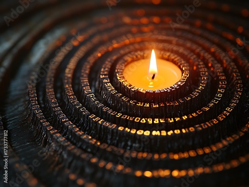 Illuminated script: A meditative candle glows amidst swirling ancient text