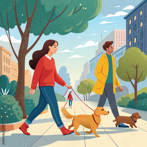 Vector art of a couple enjoys a leisurely stroll with their dogs in the city, creating a heartwarming scene of urban life and companionship