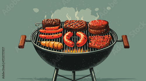Vector illustration of a charcoal grill with different meats and sausages