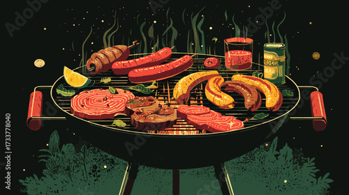 Vector illustration of a charcoal grill with different meats and sausages