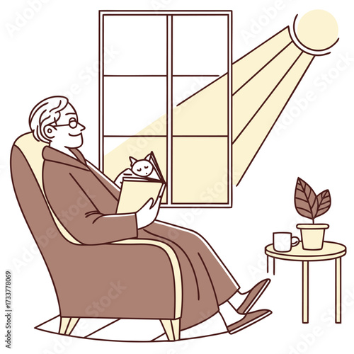 Vector art of an elderly man is relaxing in an armchair, reading a book, with a cat sleeping on the book, next to a window, enjoying a peaceful afternoon
