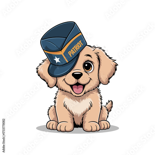 Adorable puppy wearing cap, sitting pose, respectful salute, veterans appreciation design, family friendly artwork, sticker, vector illustration