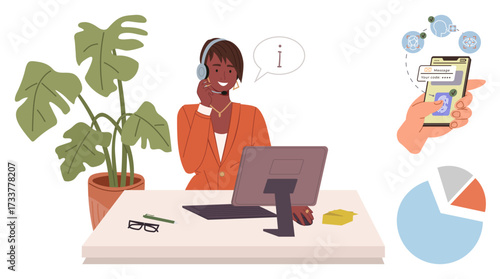 Customer service agent in office using a computer and headset, helping with online banking details. Ideal for customer support, communication, fintech, technology, teamwork, office setup, simple flat