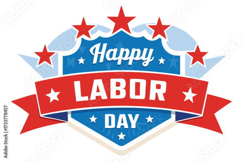 Happy Labor Day Logo with Red Stars and Patriotic Colors, Isolated Design