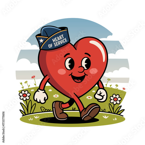 Happy heart mascot walking, service cap, hopeful community message, support and honor theme, cheerful poster graphic, vector