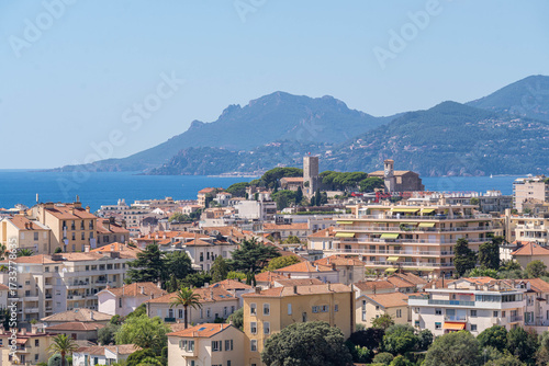 Panoramic view of Cannes city with the Esterel mountains and Mediterranean Sea