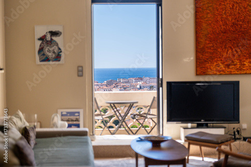 Bright living room with sea view balcony in Cannes