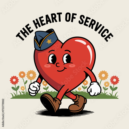 smiling heart mascot in service cap, marching with gratitude, patriotic appreciation theme, volunteer spirit, cartoon vector illustration