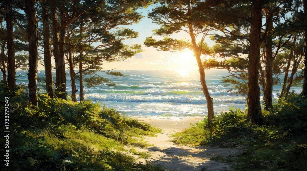 Obraz premium Sunny beach path through pine trees