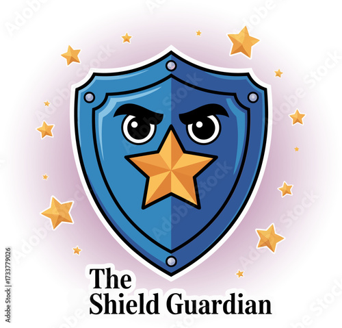 Shield guardian logo, blue badge with star, protective security emblem, character eyes, trustworthy brand mark, vector