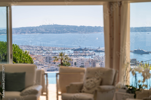Luxury living room with panoramic sea view over Cannes