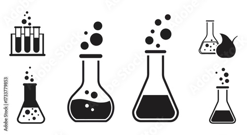 Black and white illustration of various laboratory glassware and chemical reactions