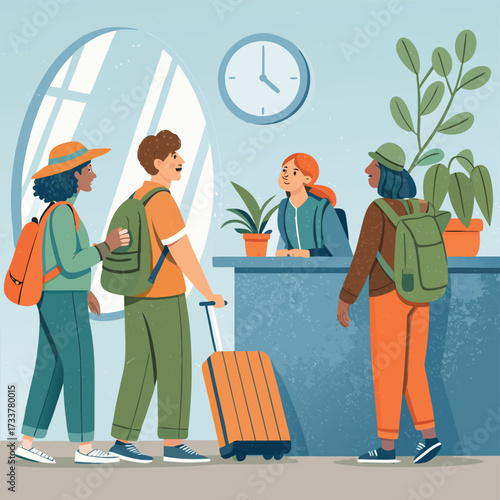 Vector art of travelers checking in at a hotel reception, with luggage, backpacks, and a friendly receptionist, creating a welcoming and efficient hospitality scene