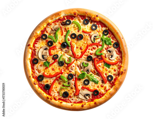 Overhead shot of a fully-topped pizza with diverse vegetables on a dark background