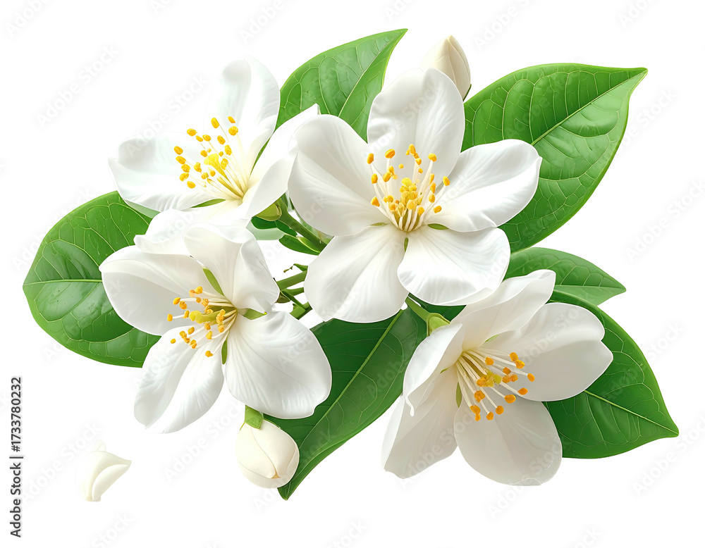 Obraz premium Cluster of white, open flowers with yellow stamens and green leaves, black bg