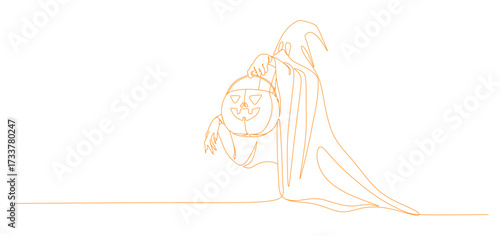 Minimalist one line drawing of a spooky ghostly figure holding a jack-o’-lantern pumpkin. The design uses continuous orange lines to create a haunting and eerie Halloween illustration