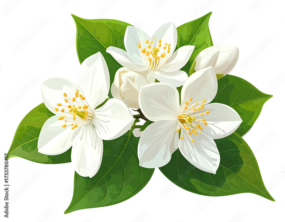 Obraz premium Delicate white flowers with yellow stamens and green leaves on a black background