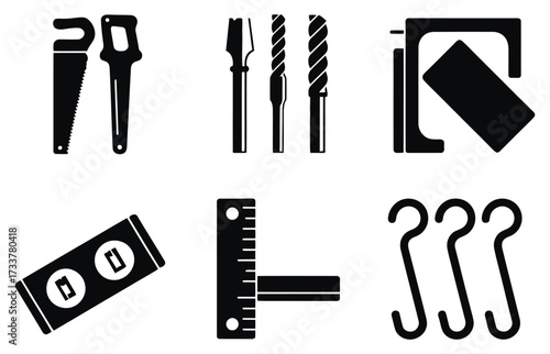 WebEssential handyman tools collection featuring saws drills level square and hooks for construction and DIY projects a versatile set for any workshop