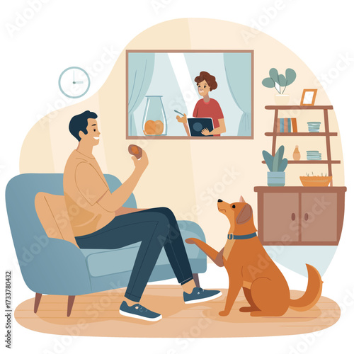 Vector art of a man is sitting on the sofa and playing with his dog in the living room, the dog is giving a paw, vector illustration in flat style