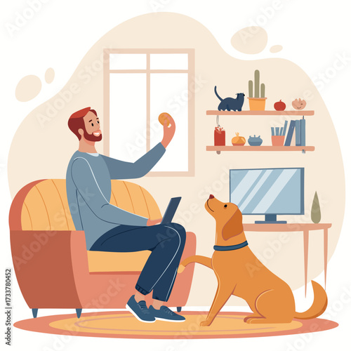 Vector art of man working from home with his dog, sitting on a couch with a laptop, playing with his pet, a cat on the shelf, vector illustration
