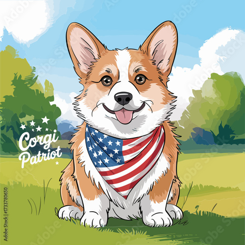 corgi puppy wearing flag bandana, green meadow scene, loyal friend, patriotic pride message, cheerful pet illustration vector