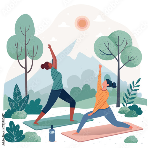 Vector art of two women are practicing yoga in nature with mountains, trees, and sun in the background, promoting wellness and healthy lifestyle with exercise