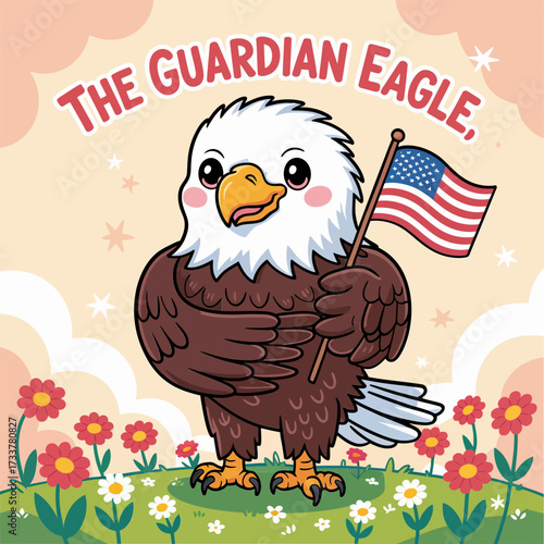 guardian eagle mascot, proud bird holding flag, floral meadow, protective spirit, national pride theme, warm celebration vector
