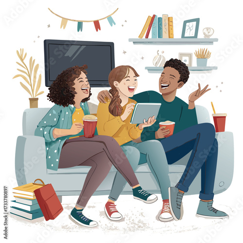 Vector art of three friends laughing together while sitting on a sofa in the living room, enjoying a movie night with snacks and drinks, having fun and relaxing