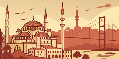 Vector artwork of Istanbul with Hagia Sophia in the foreground and Bosphorus Bridge in the background, warm tones with cultural motifs, traditional domes and minarets, combining modern and historical 