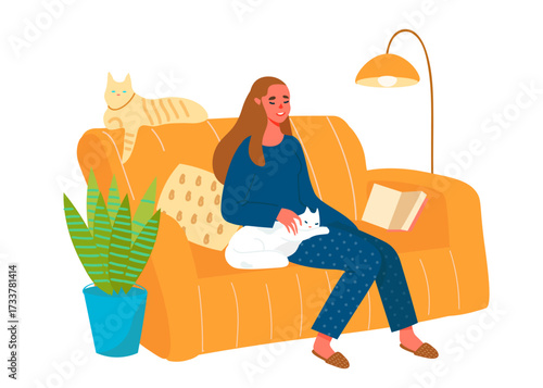 Girl sitting and resting on the couch with cats. Daily life and everyday routine scene by young woman in cozy interior. Trendy modern vector illustration.