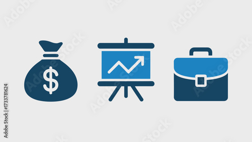 Business and finance icon set featuring money bag presentation chart and briefcase vector illustration for financial concepts