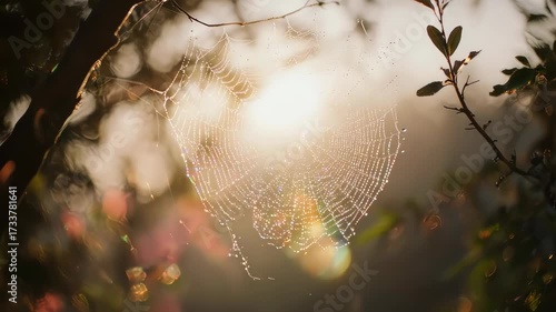 A sparkling, water-droplet-laden spiderweb glows in the morning sun