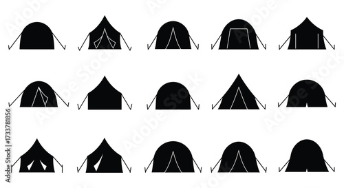 Black and white illustration displaying various simple tent shapes and designs