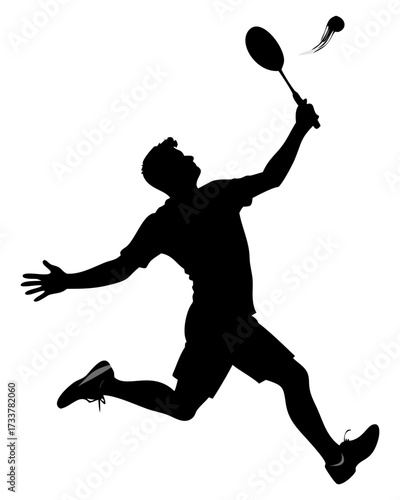 Dynamic Badminton Player Silhouette Jump Smash Action with Racket and Shuttlecock Isolated.