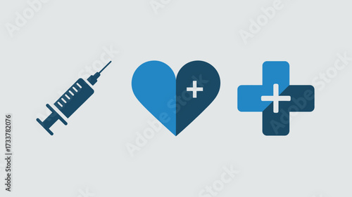 Medical icon set with syringe heart and plus sign flat vector design for healthcare and pharmaceutical concepts isolated on white background
