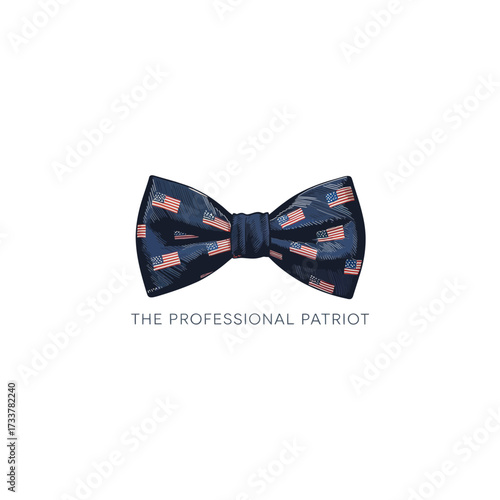 Patriotic bow tie illustration, stars and stripes pattern, elegant accessory, professional attire vibe, celebration event branding vector
