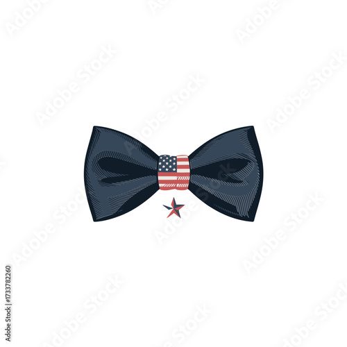 Classic bow tie with small flag center, navy fabric, subtle star charm, formal patriotic outfit detail vector