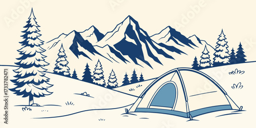 Simple vector artwork of a tent pitched on snowy ground, blue and white mountain peaks in the background, a few snow-covered trees, soft pale sky, clean minimal flat style, peaceful winter mood,