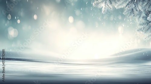 Christmas snowy landscape with pine branch, on light blue bokeh background, copy space
